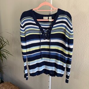Vintage Cherokee Sweater Striped Lace Up Women's M Navy Blue Y2K Preppy Indie